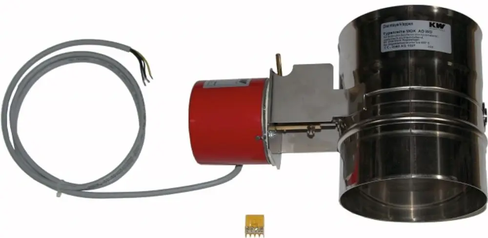 Abgasklappe aus Metall mit elektrischer Ansteuerung, versehen mit einem Anschlusskabel und einem Steuergerät. Produkt von Wolf zur Steuerung von Abgasströmen.